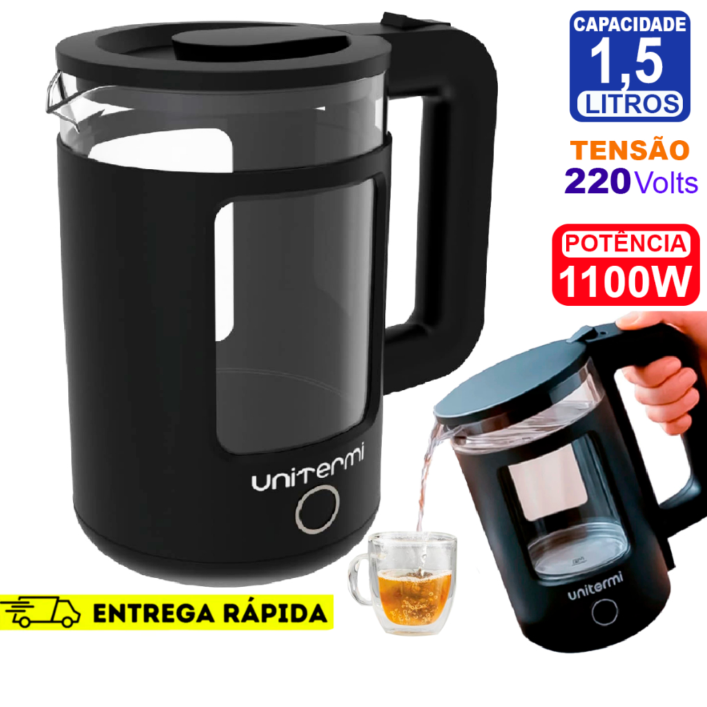 Chaleira Eletrica 1,5L Termica de Vidro Com Desligamento Automático 1100W 220V Unitermi Mali Preta