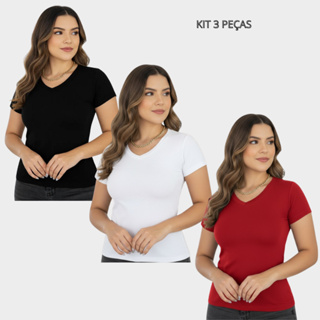 Kit 3 Blusas Femininas Básicas Gola V Manga Curta em Oferta na Shopee