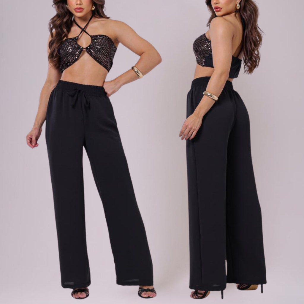 Calça Pantalona Feminina Duna Premium Com Elástico Cós Largo E Bolso Cintura Alta Elegante Tecido Leve Wide Leg Perna La