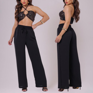 Calça Pantalona Feminina Duna Premium Com Elástico Cós Largo E Bolso Cintura Alta Elegante Tecido Leve Wide Leg Perna La