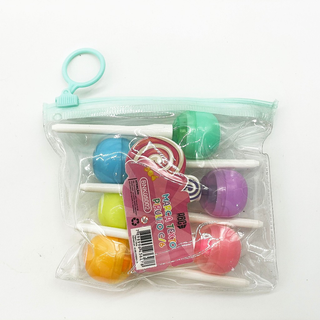 Mini Marca Texto Pirulito 6 Cores ABC 🍭✨ | Marca Texto Pastel, Ponta Chanfrada, Kit com Estojo