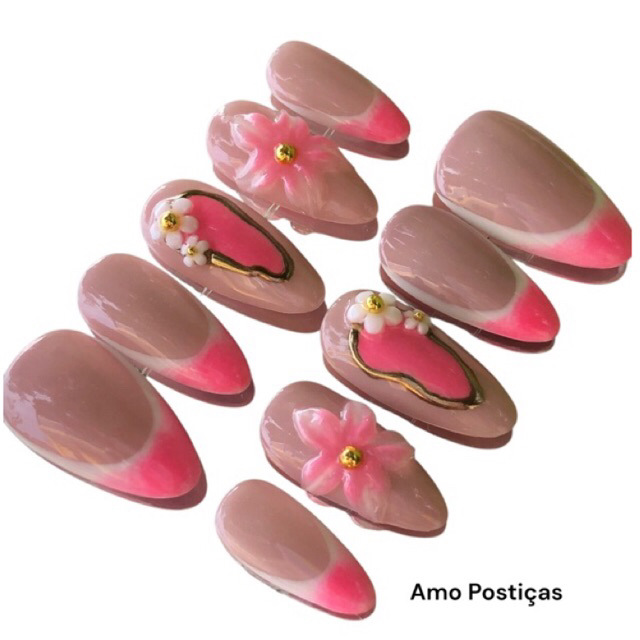Unhas Postiças Personalizadas Luxo – Formato Amendoada – Francesinha Neon (Rosa/Amarelo) com Flores 3D e Joias