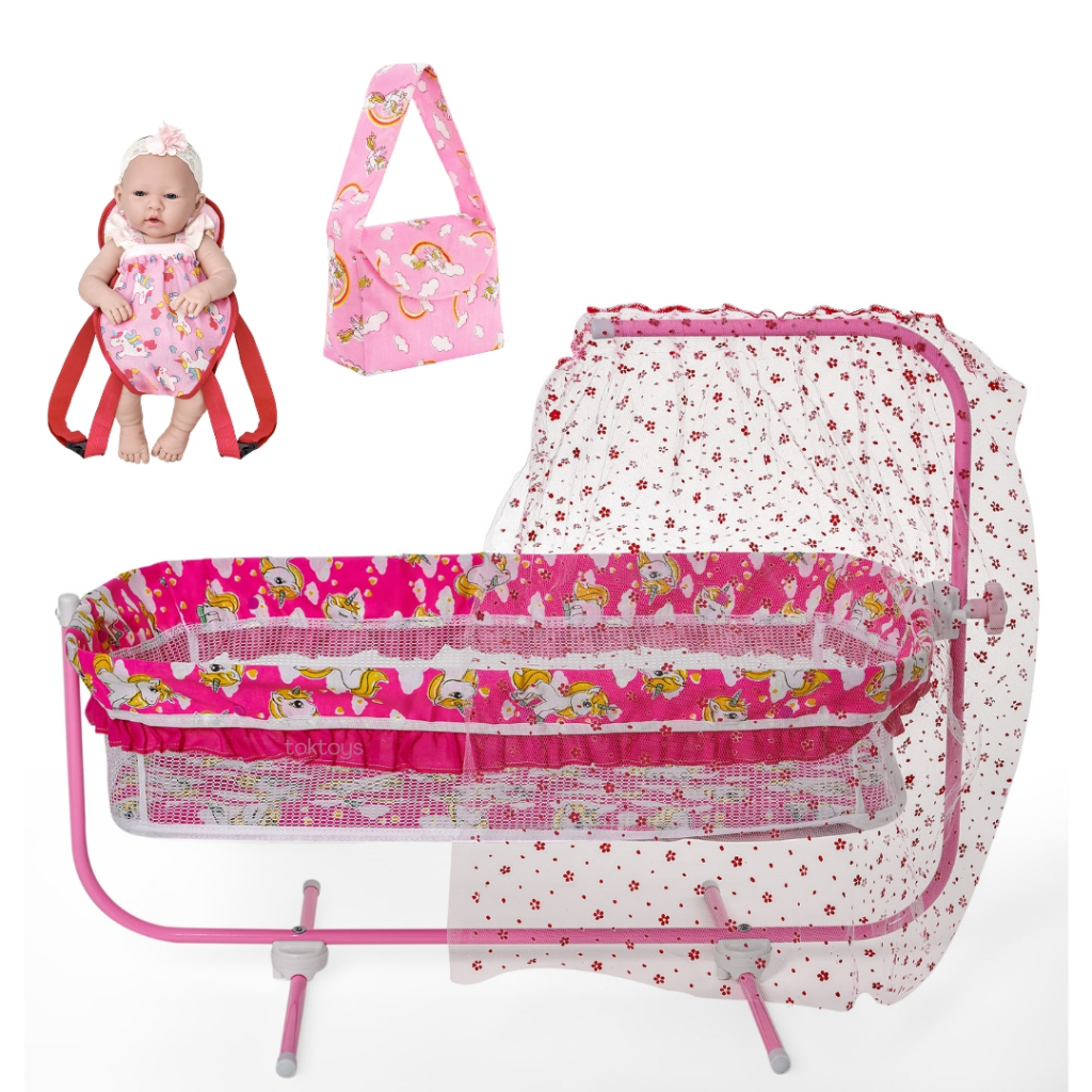 Berço de Boneca Baby Bebe Alive Rosa Menina MP Bolsa Canguru Brincar