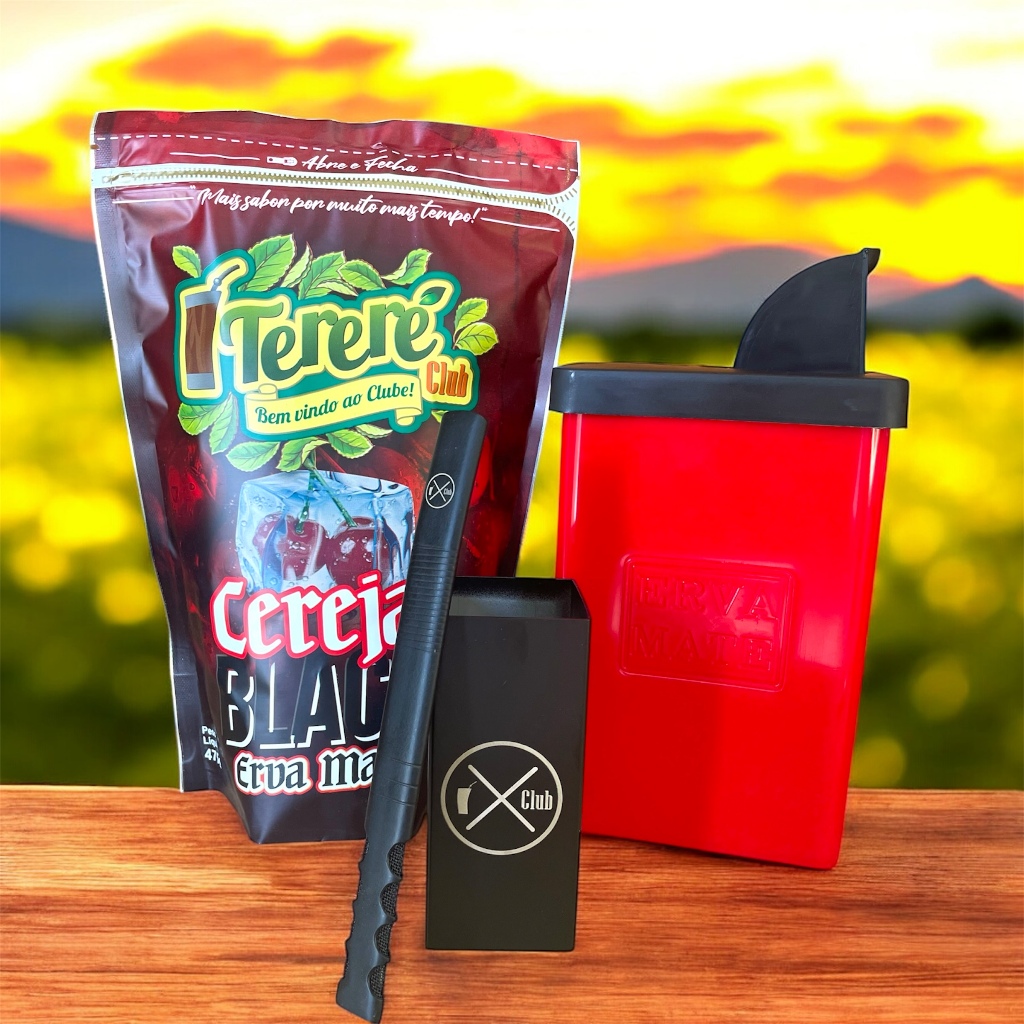 Kit Terere Copo Inox Quadrado Preto Bomba Inox Higienizável Porta Erva + Erva Mate Tereré Club