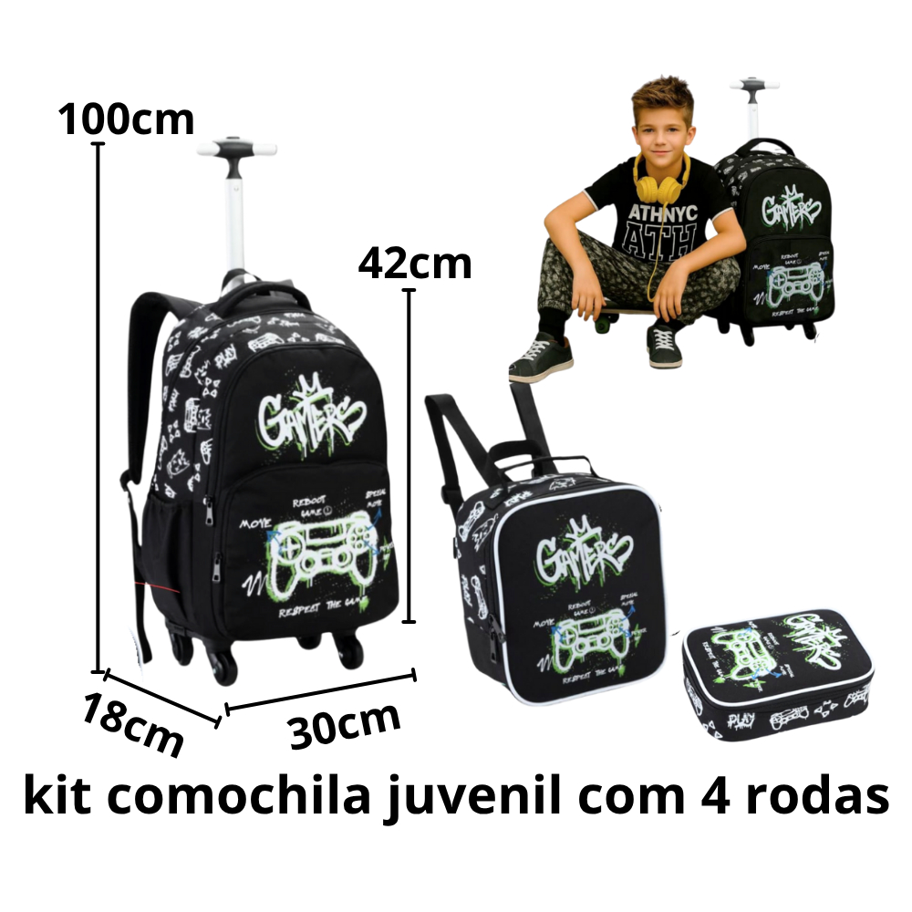 kit Mochila Gamer Carrinho Juvenil Lancheira Estojo Reforçada Escolar de 4 Rodas Puxador Telescópico