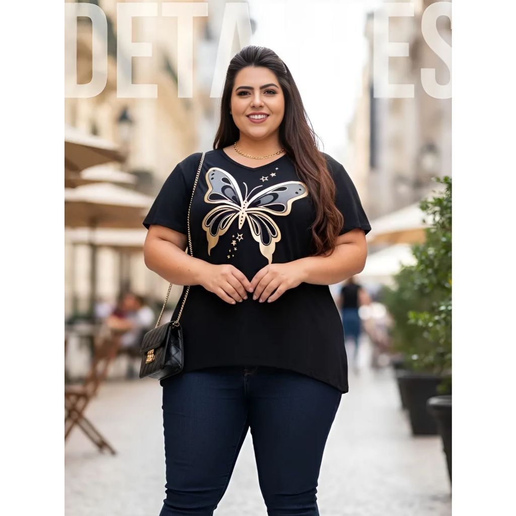 Blusa Feminina Estilosa Pluz size Estampa Borboleta Dourado Fashion Tecido Vicolycra Confortável em Oferta na Shopee
