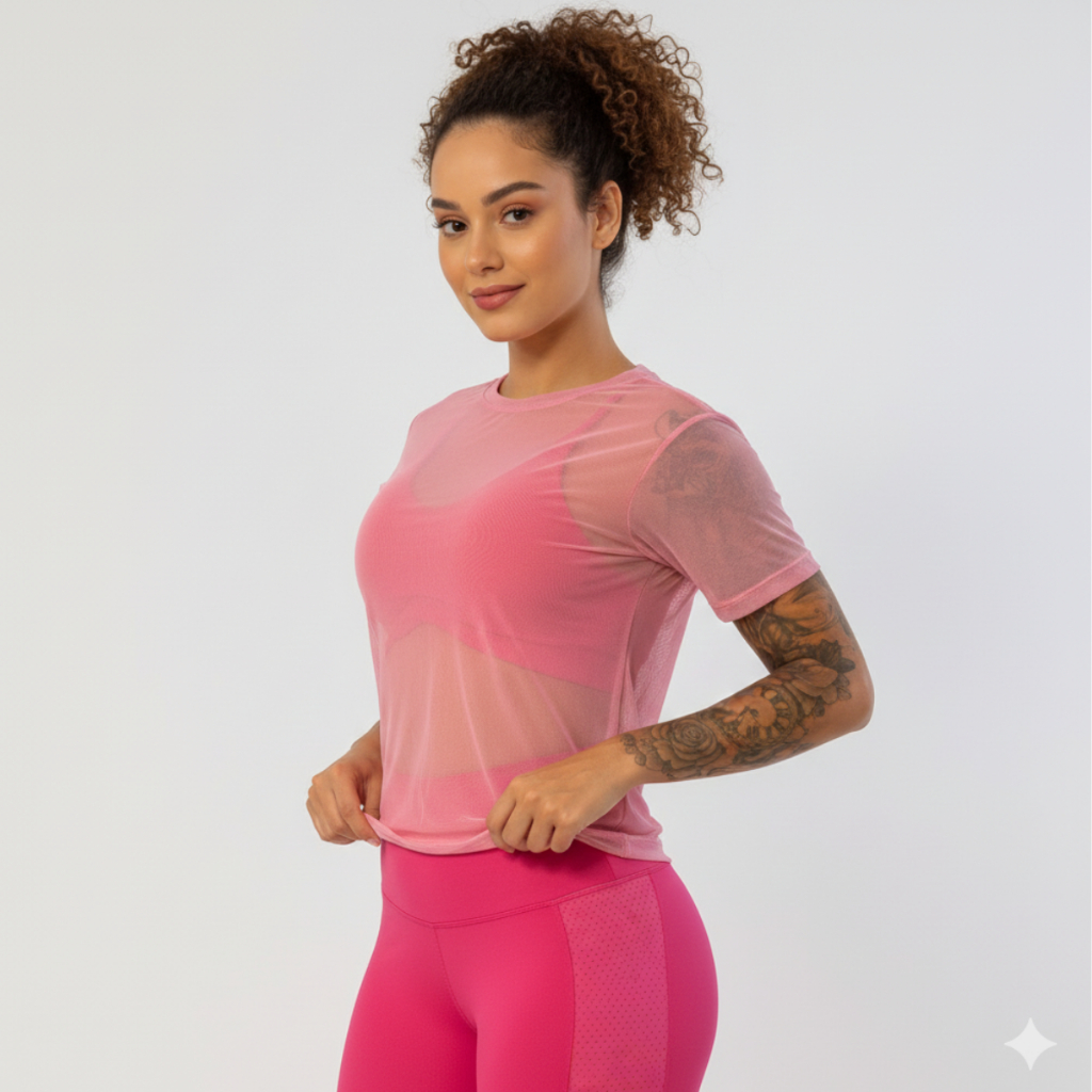 Blusa Fitness Feminina Tule Transparente Manga Curta Para Academia e Treino Manga
