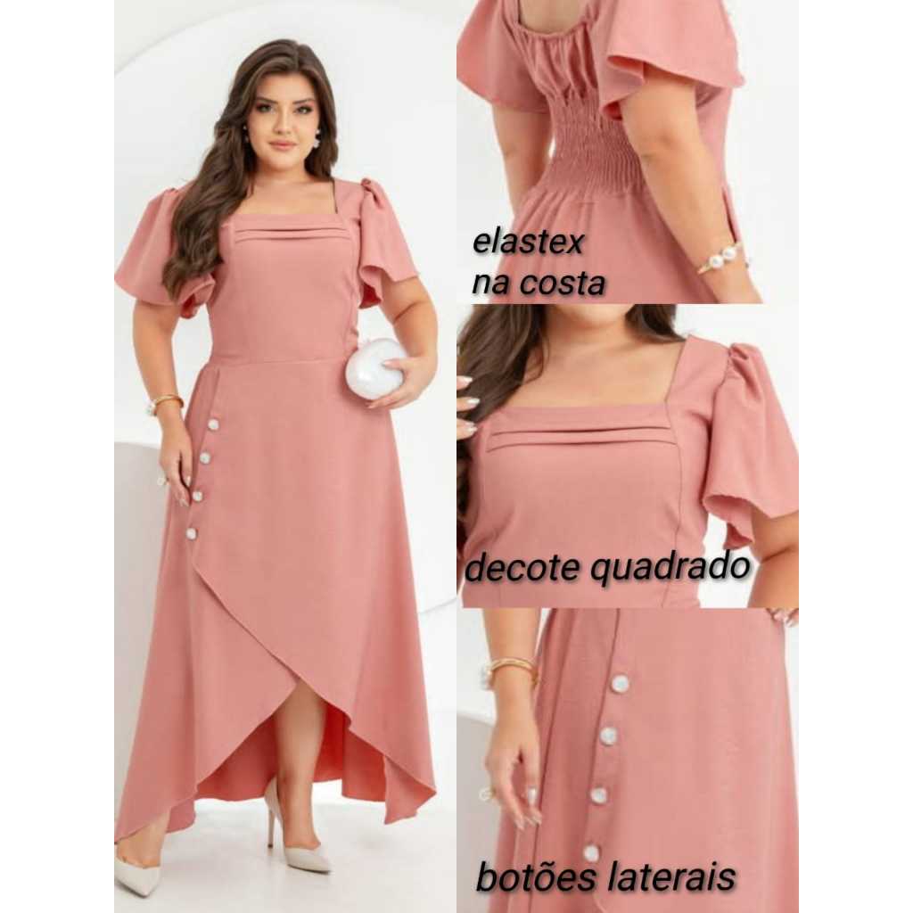 Vestido Feminino Longo Elegante, botões lateral. Tecido louis twill ( Decote Cuadrado ) em Oferta na Shopee