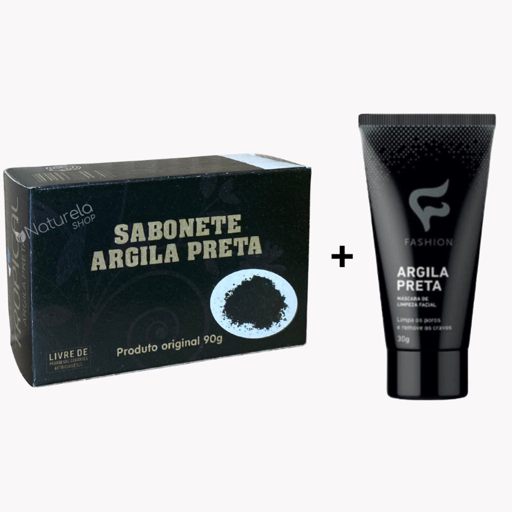 Kit Sabonete Barra Argila Preta Tropical 90g + Bisnaga Argila Preta Fashion 30g