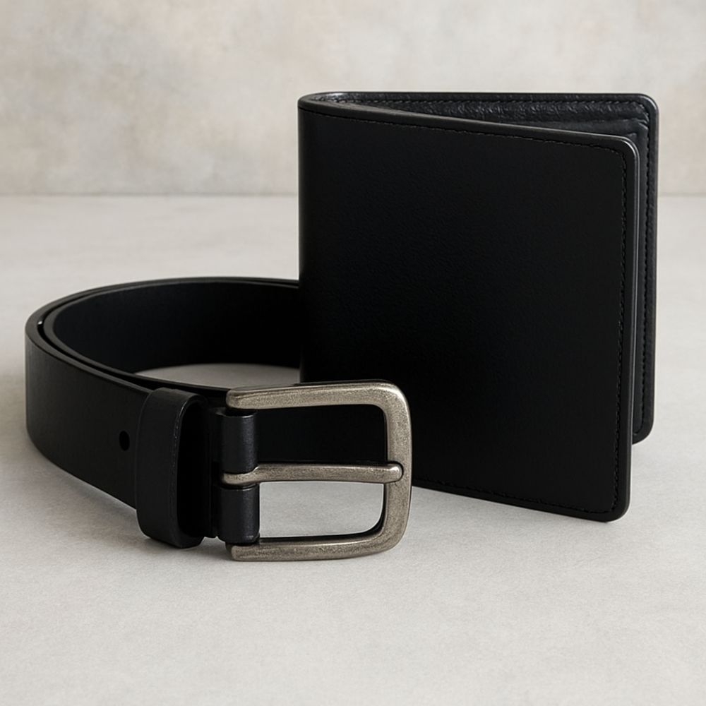 Kit Cinto de Couro Legítimo Preto Masculino + Carteira Preta Couro Legítimo Completa com 6 Divisões e 4 Porta Documentos