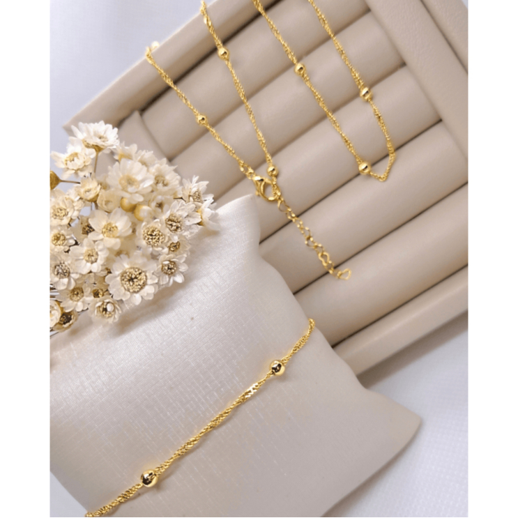 Conjunto Feminino Folheado Ouro 18K – Colar e Pulseira Bolinhas | Semijoia Fina | Delicado, Minimalista e Elegante