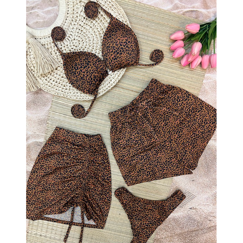 Kit 4 peças conjunto biquíni com saia e shorts, saída de praia. 4 peças inclusas.