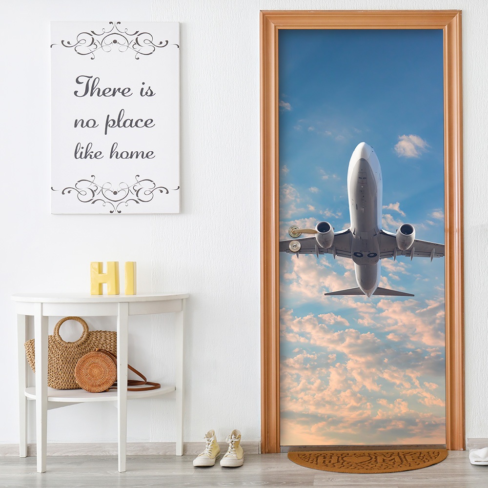 Adesivo Decorativo de Porta Parede Vidro Casa Sala Decoração Casa Avião Céu Corredor Nuvens Janela
