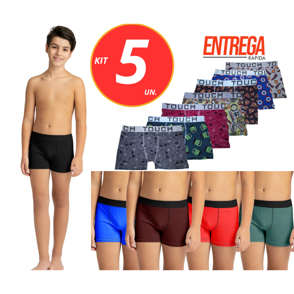 Kit 5 Cuecas Box Boxer Microfibra Original Infantil Masculino Ultraleve em Oferta na Shopee