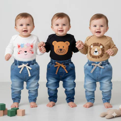 Conjunto de Bebê com Body Longo Bordado e Calça Jeans