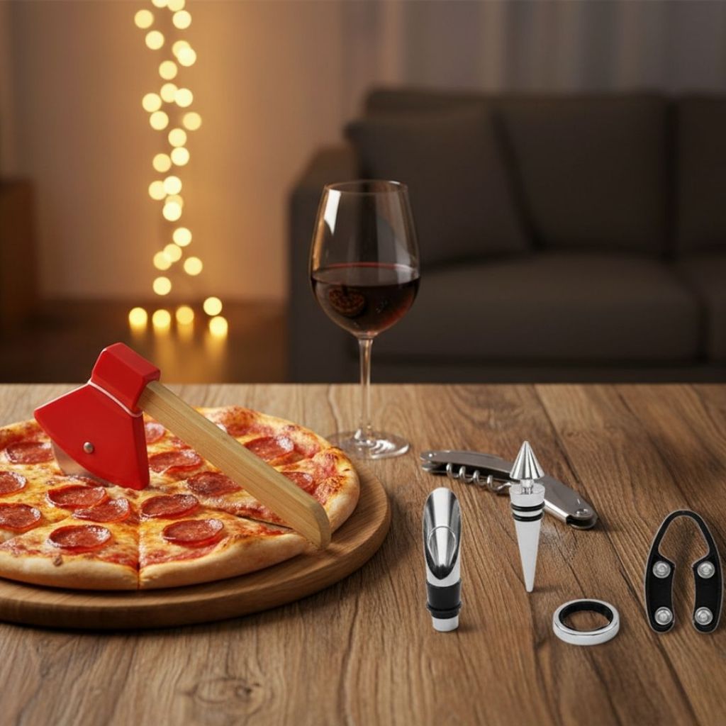 KIT PIZZA E VINHO CARTELA |1Cortador de Pizza Machadinha + 1kit Sommelier 5peças para Vinho Cartela