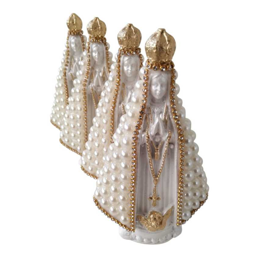 Kit 4 Imagem Nossa Senhora Aparecida 15cm gesso branca dourada e pérolas, lembrancinha casamento, batizado e nascimento.