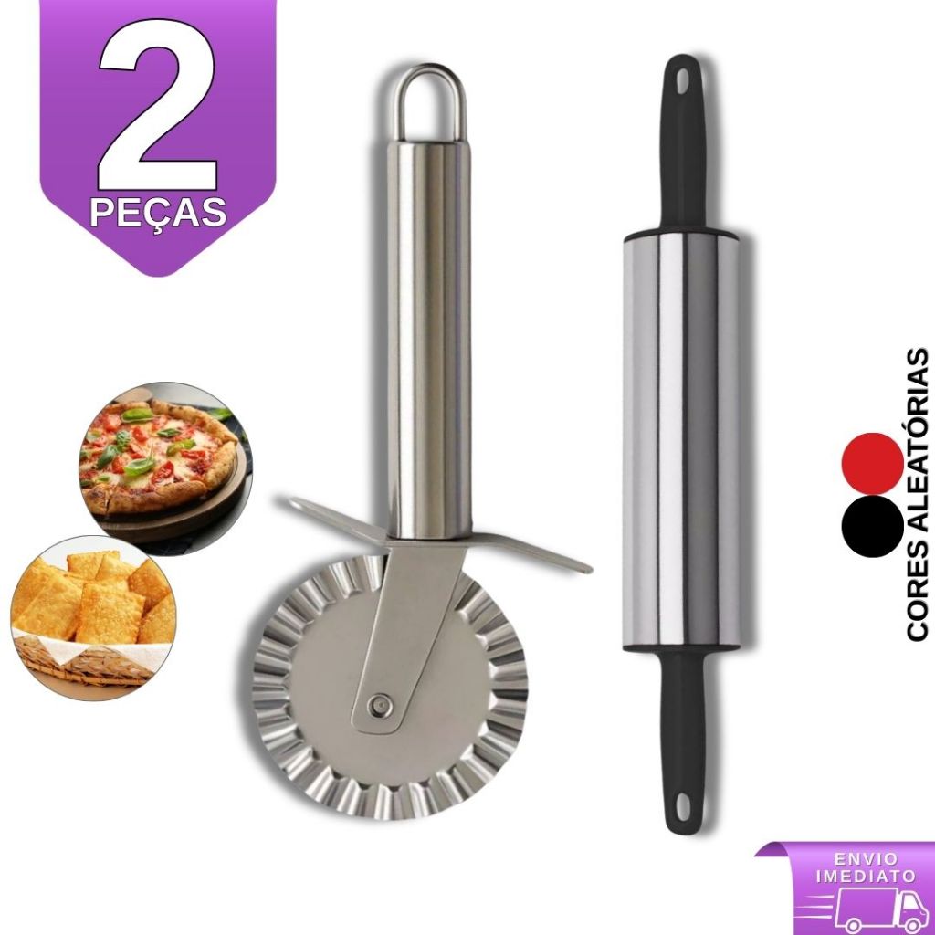 Kit 2 Peças Carretilha Cortador De Massa De Pastel E Rolo de Massa Inox