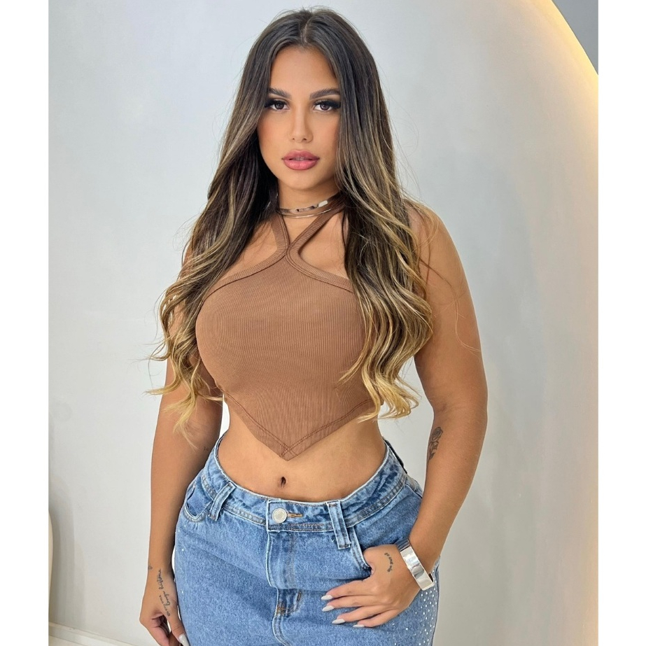 Cropped Top Alça Cruzada Com Bojo Tecido Ribana em Oferta na Shopee