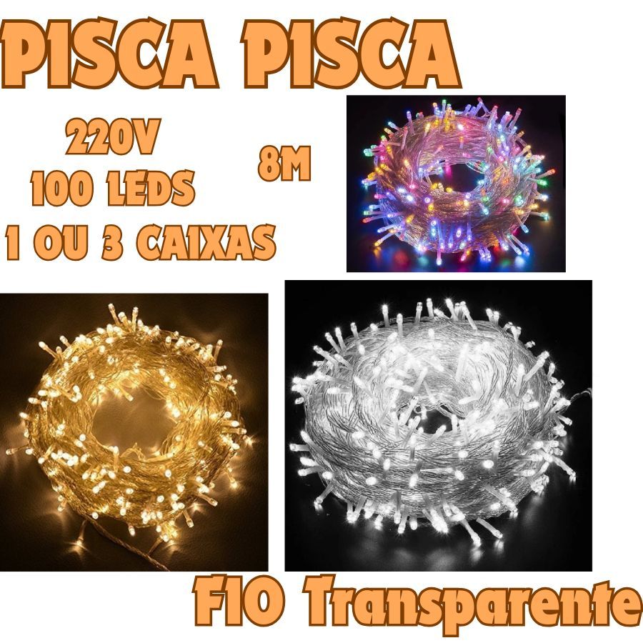 3 Ou 1 Caixas Pisca Pisca 8M 100 Leds 220V Fio Transparente Luzes Natal Uso Interno