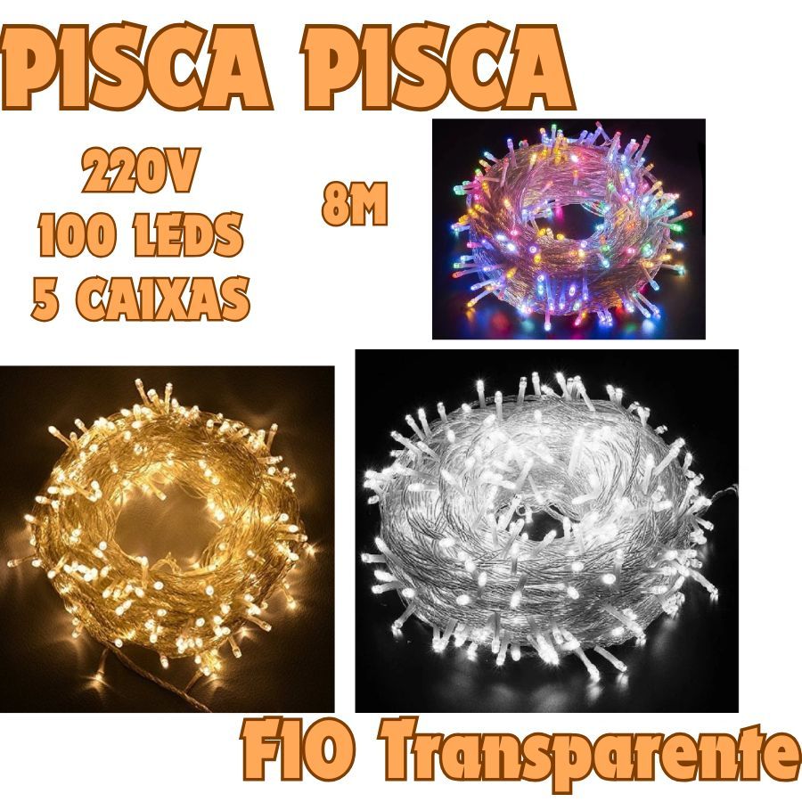Kit 5 Caixas Pisca Pisca 8M 100 Leds 220V Fio Transparente Luzes Natal Uso Interno