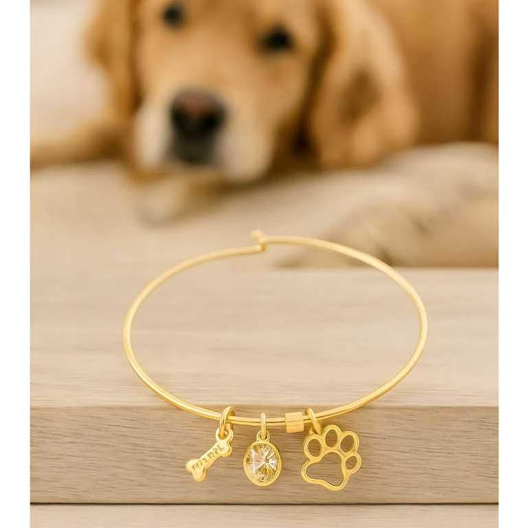Pulseira Jujuba| Linha Pet| Patinha com Aro Rígido e Pingentes: Patinha + Ponto de Luz em Zircônia + Ossinho