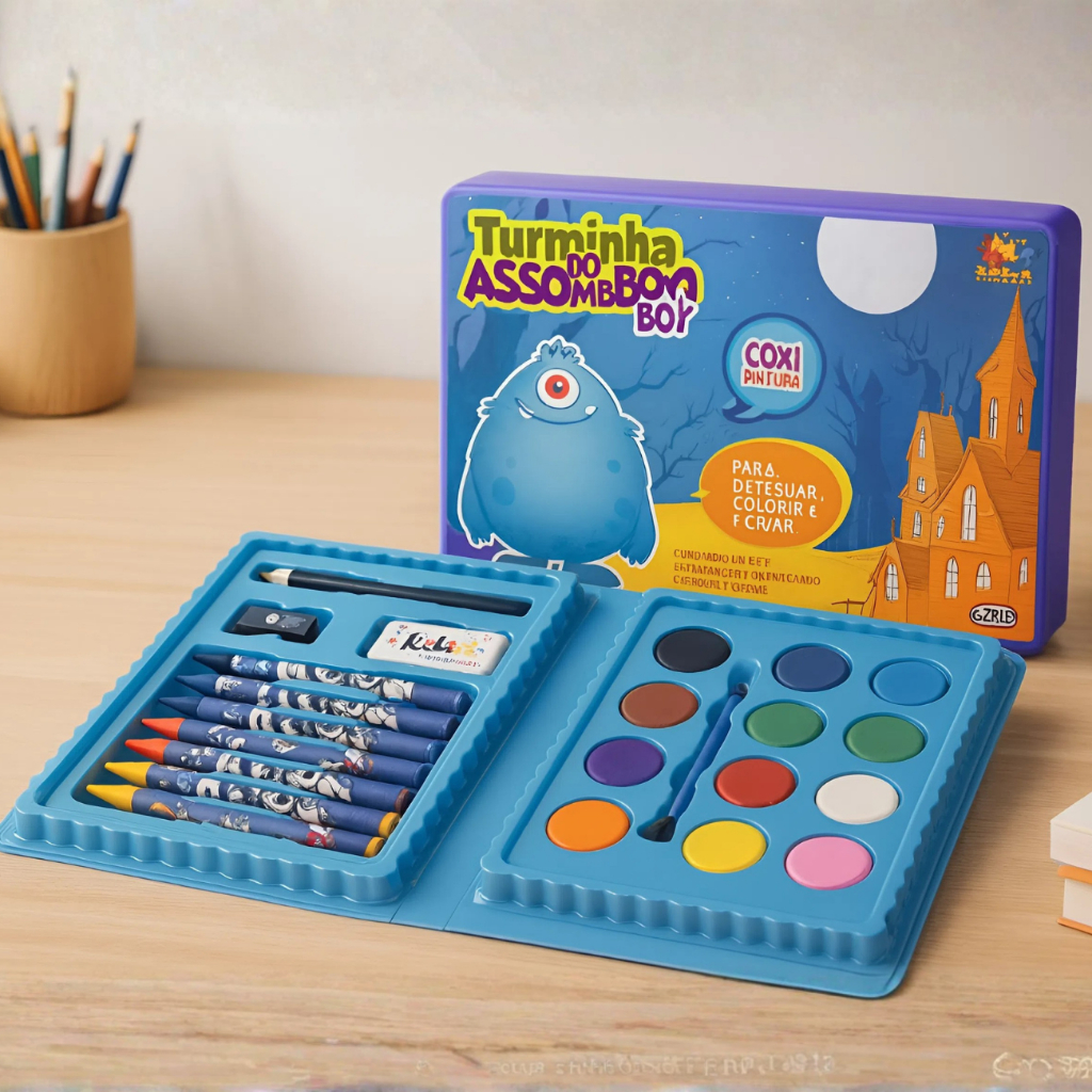 Kit Escolar Maleta Estojo Colorir Com 13 itens Pintura Azul Giz de Cera