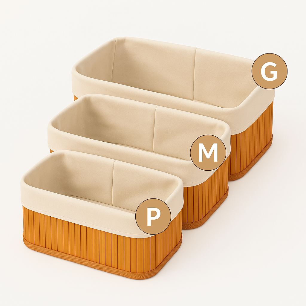 Kit 3 Cestos Organizadores de Bambu Multiuso com Forro