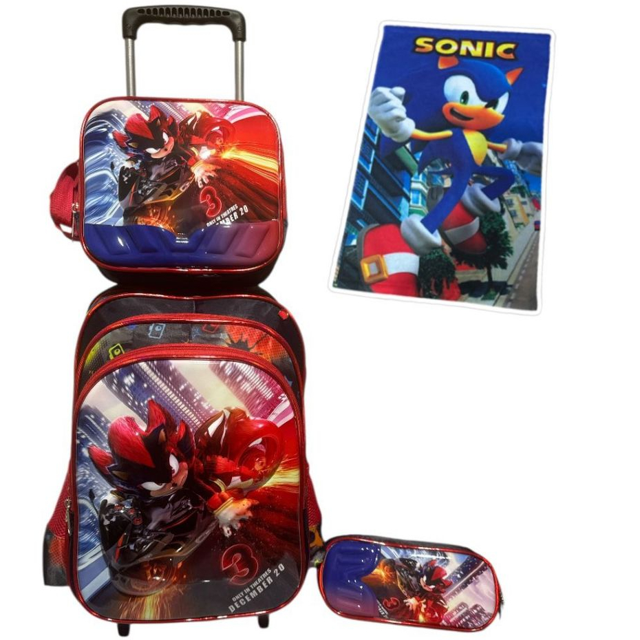 Kit Completo Mochila com Rodinha Sonic 3D + Lancheira Térmica + Estojo + Toalha Infantil