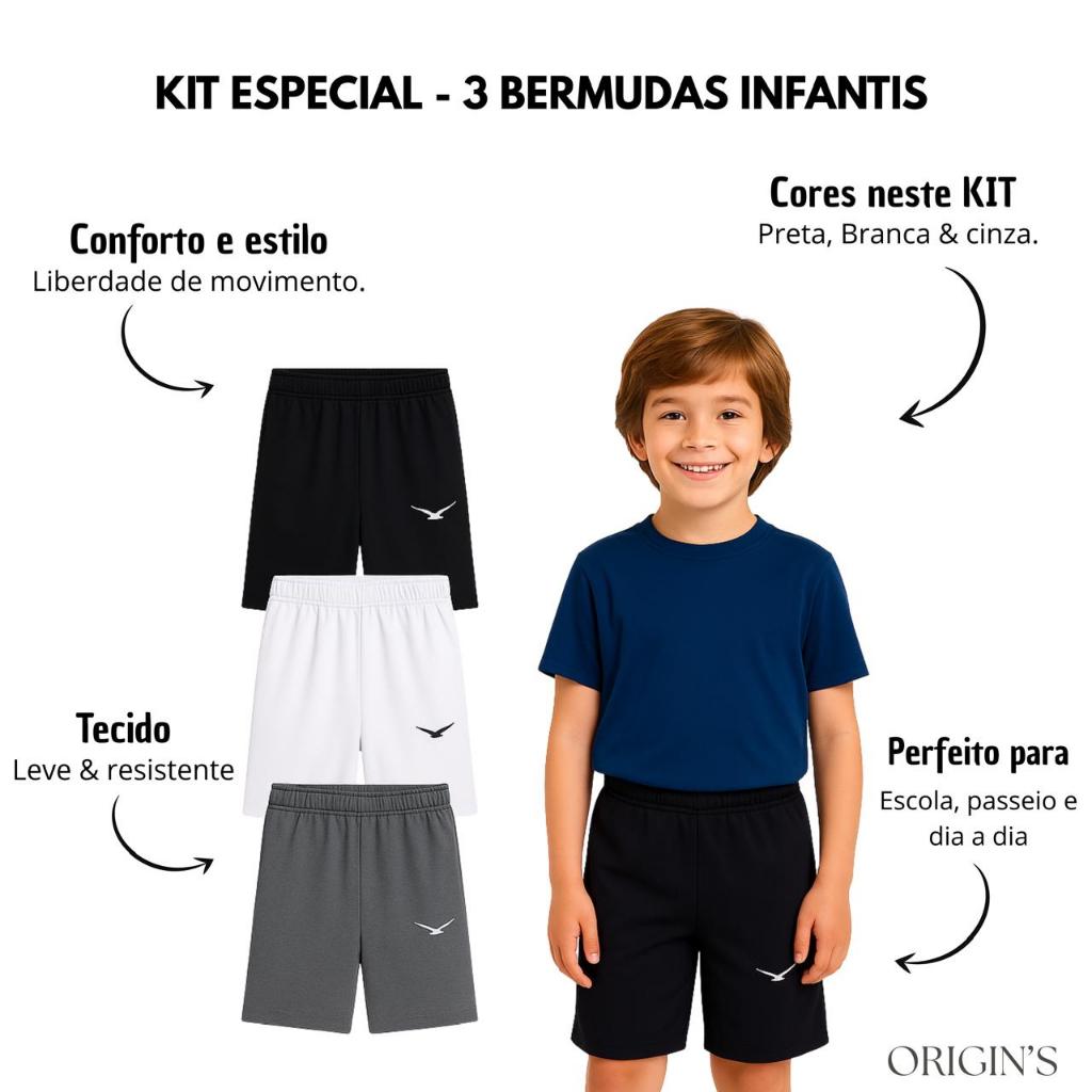 Kit Com 3  Short infantil Bermudas Infantil e Juvenil Escolar Com Bolsos Elastico E Cordão