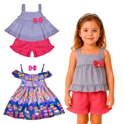 Kit Roupa Infantil Menina 2 Peças – Conjunto Florido Verão + Vestido de alcinha Rodado com Balões