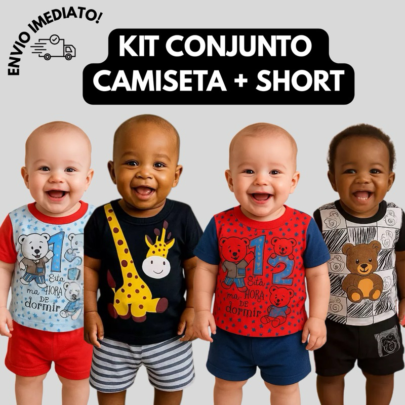 Kit 6 Roupas Conjunto Camiseta e Short Sortido Infantil Menino 1 ano 100%Algodão Verão Tendencia (3 camiseta + 3 Short)