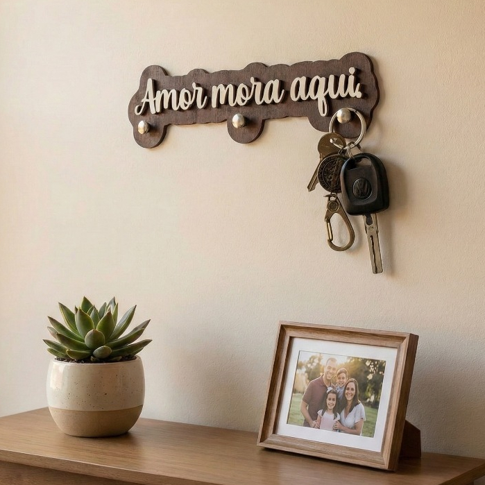 Porta Chaves Parede Mdf Madeira Frase em Relevo Branco