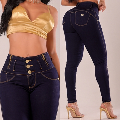 Calça Jeans Feminina Detalhes Ziper Botões Promoção Barata Cós Modelador Empina Bumbum Laycra em Oferta na Shopee