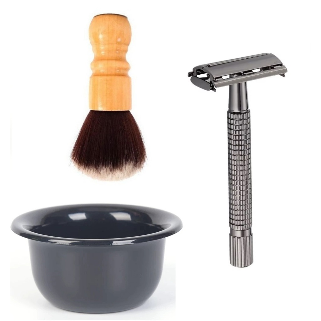 Aparelho de Barba Barbeador Borboleta Cromo Com Cumbuca e Pincel