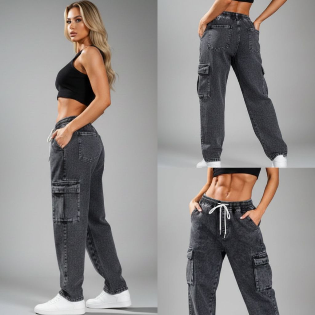 Calça Jeans Cargo Feminina Streetwear Preta Mescla Cinza Grafite Estonada