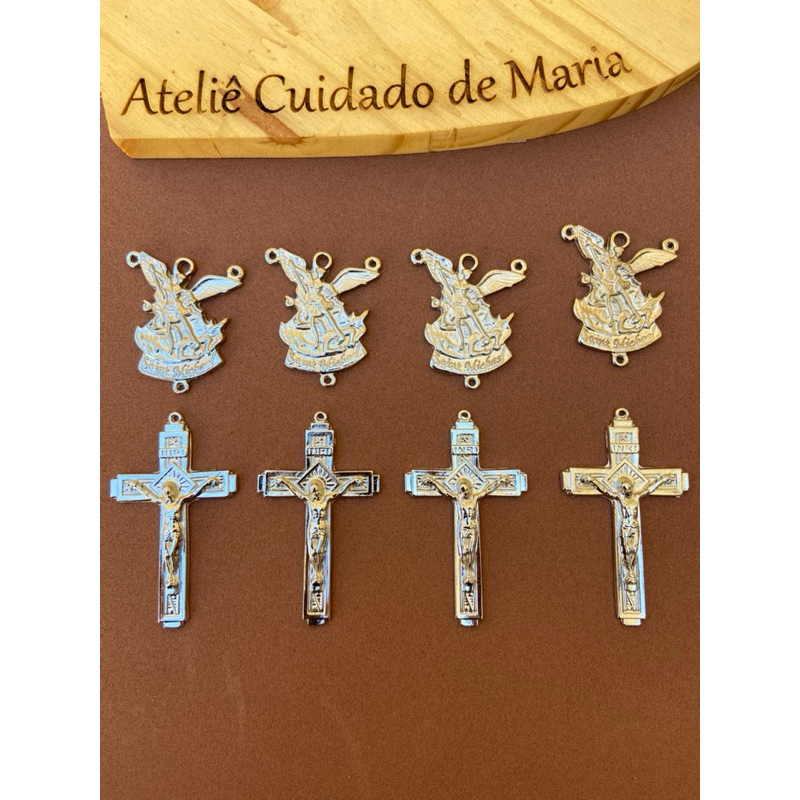 Kit Cruz + Entremeio de São Miguel Arcanjo para fazer Terço - Metal para Terço - Católico - Veniz Cataforético