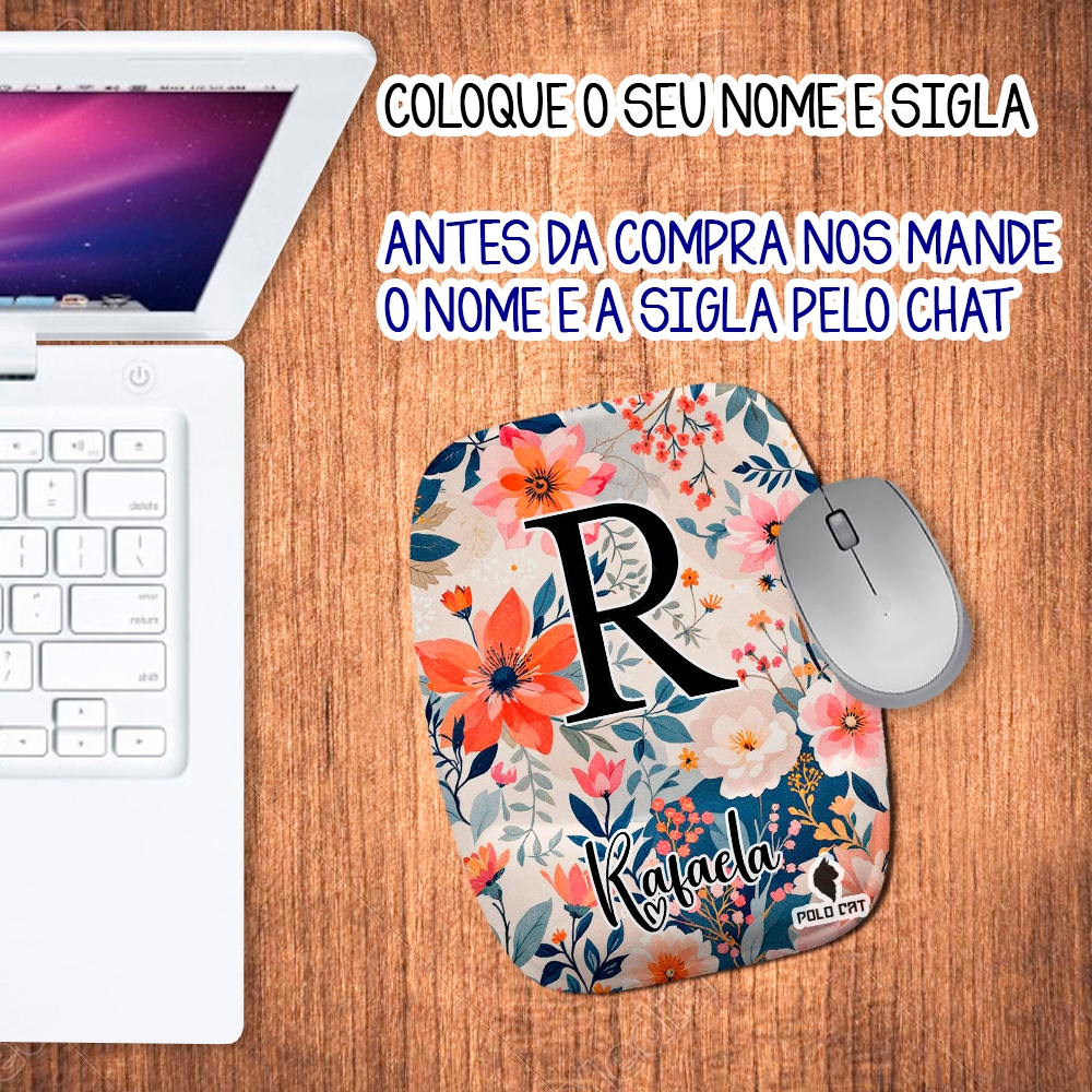 Mouse pad Ergonômico Personalizado Retangular com Nome e Sigla para Presente Jardim Coral Flores