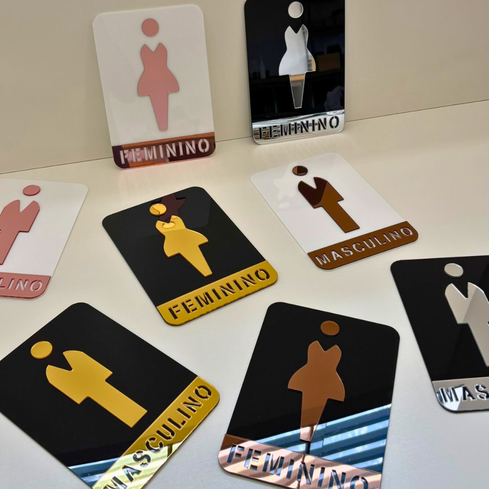 PLACA DE SINALIZAÇÃO PARA BANHEIRO EM ACRILICO COM FITA DUPLA FACE FEMININO MASCULINO