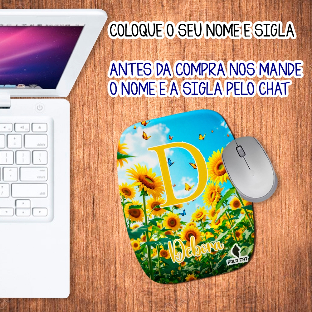 Mouse pad Ergonômico Personalizado Retangular com Nome e Sigla para Presente Campo Solar Girassol