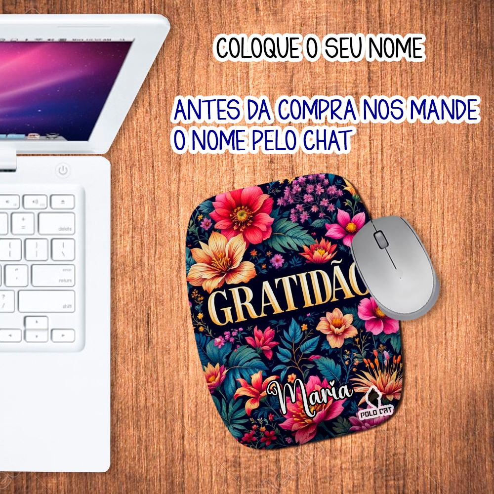 Mouse pad Ergonômico Personalizado Retangular com Nome e Sigla para Presente Jardim da Gratidão
