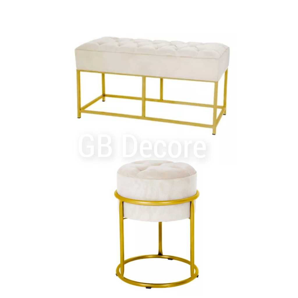 Kit 2 Banco Estoufado Suede 1 Pulf Redondo e 1 Banco Retangular Hecamier Decorativo Mesa Sala Salão Penteadeira em Oferta na Shopee