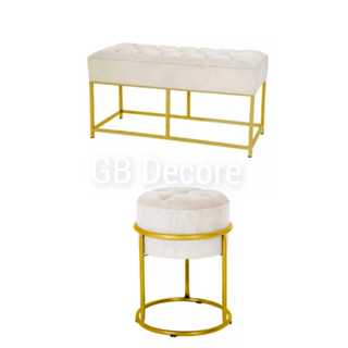 Kit 2 Banco Estoufado Suede 1 Pulf Redondo e 1 Banco Retangular Hecamier Decorativo Mesa Sala Salão Penteadeira em Oferta na Shopee