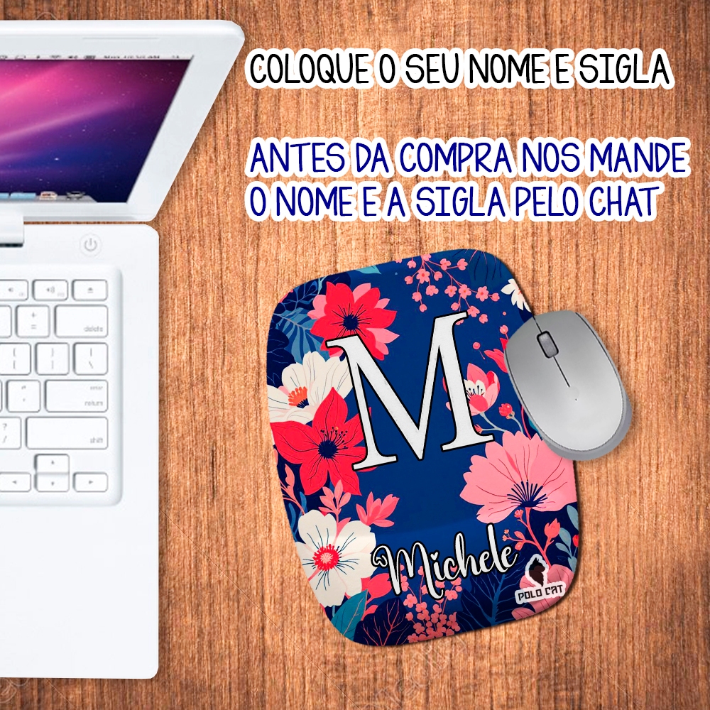 Mouse pad Ergonômico Personalizado Retangular com Nome e Sigla para Presente Noite Florida Flores