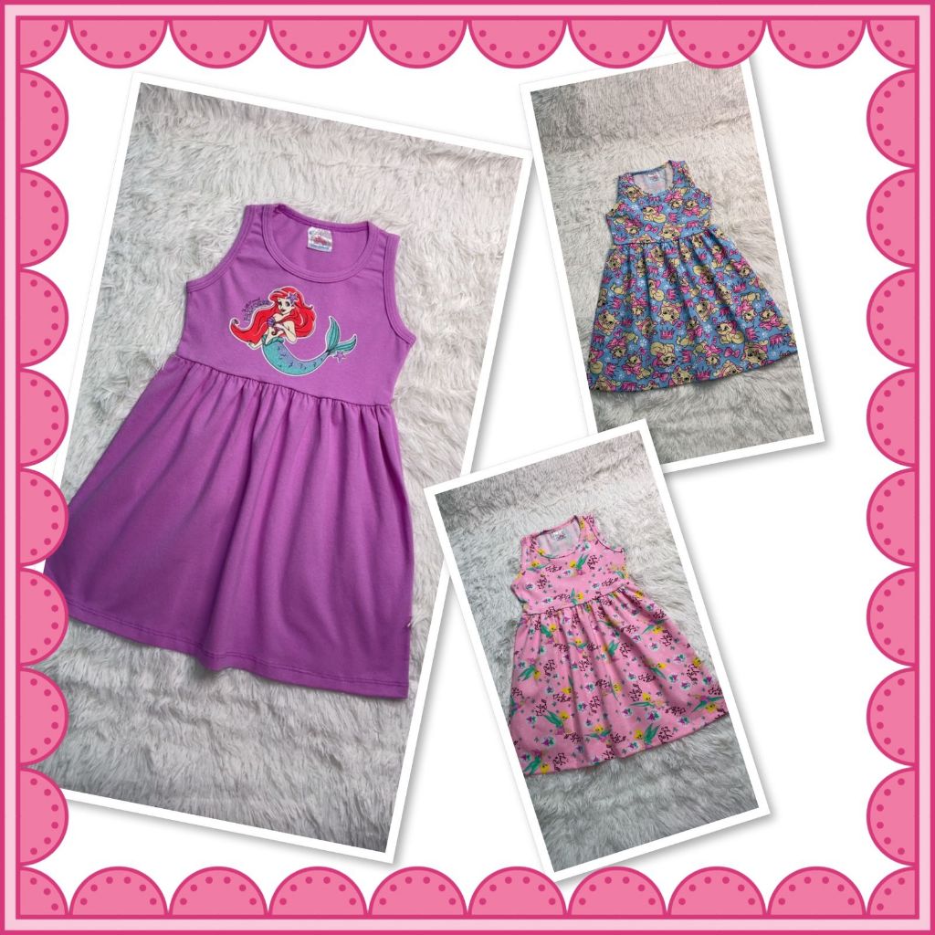 kit 3 Peças de Vestido  Infantil Personagem  Ariel Marie Tinker Bell Roupa de Menina Verão Algodão Tam 2 ao 10. Ref 1030