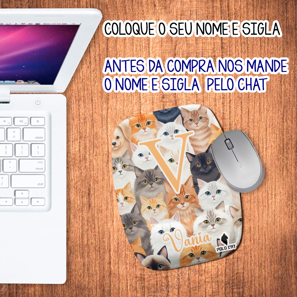 Mouse pad Ergonômico Personalizado Retangular com Nome e Sigla para Presente Gatos Amigos Peludos