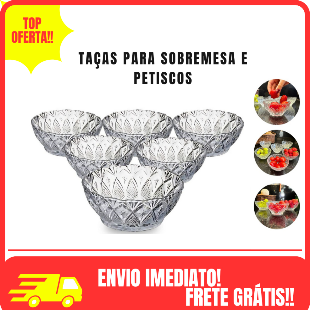 Jogo Sobremesa Taças Tigela Bowl 6 ou 12 Peças 360ml Vidro Desenhado Pote Doce Sorvete Aperitivo