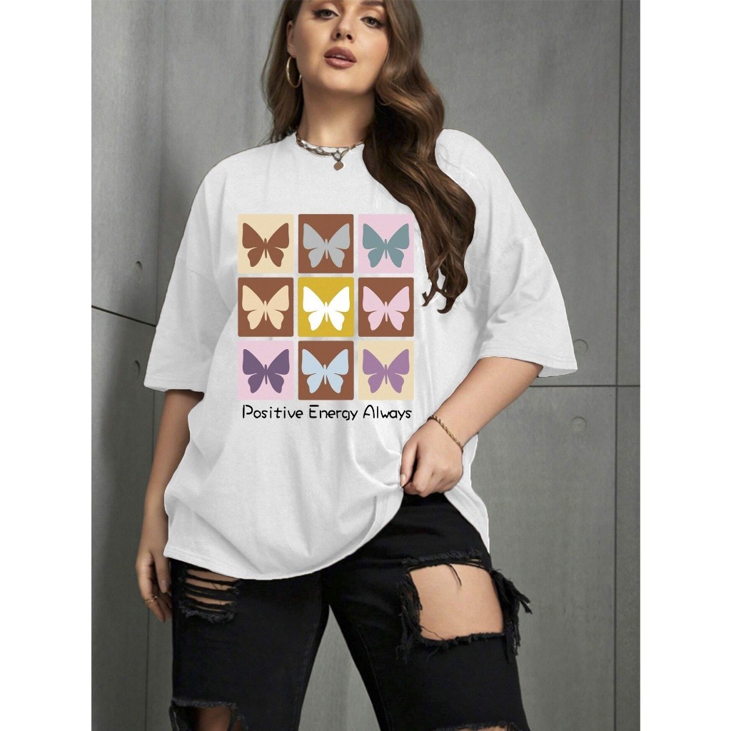 Camiseta Oversized Unissex Plus Size Confortavel Blogueira T-Shirt Estampada Borboletas Frase Posit