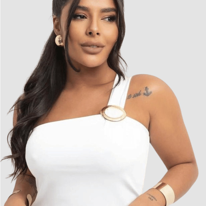 Blusa Feminina Um Ombro Argola Assimetrica Prateada Suplex Elegante Mula Manca