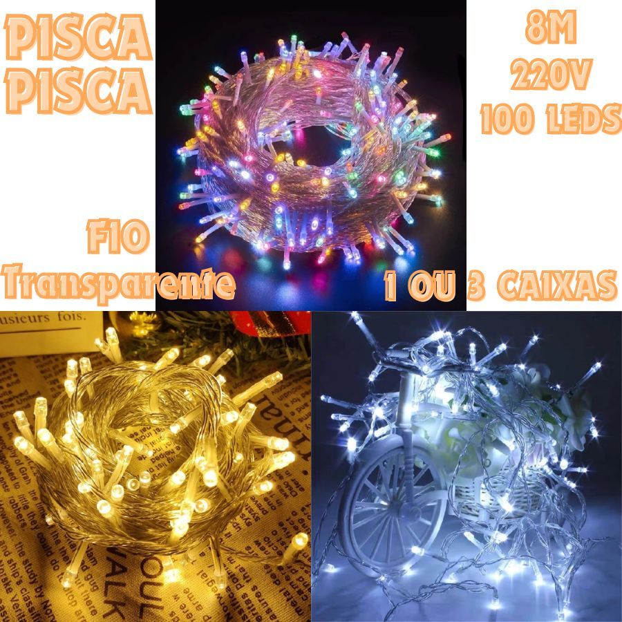 3 Ou 1 Caixas Pisca Pisca 100 Leds 8M 220V Fio Transparente Luzes Natal Uso Interno